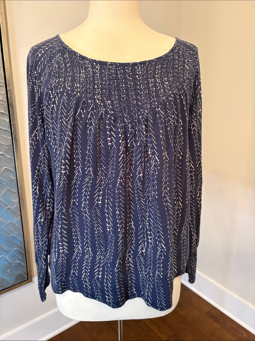 Lucky Brand Navy Long-Sleeve Smocked Yoke Top with White Dash Pattern Large